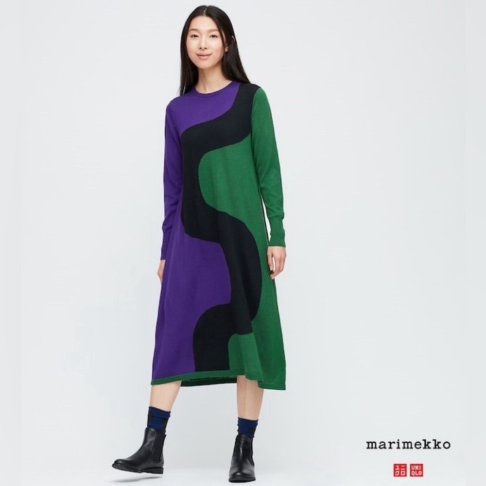 Marimekko Uniqlo wool blend color block sweater dress size Small